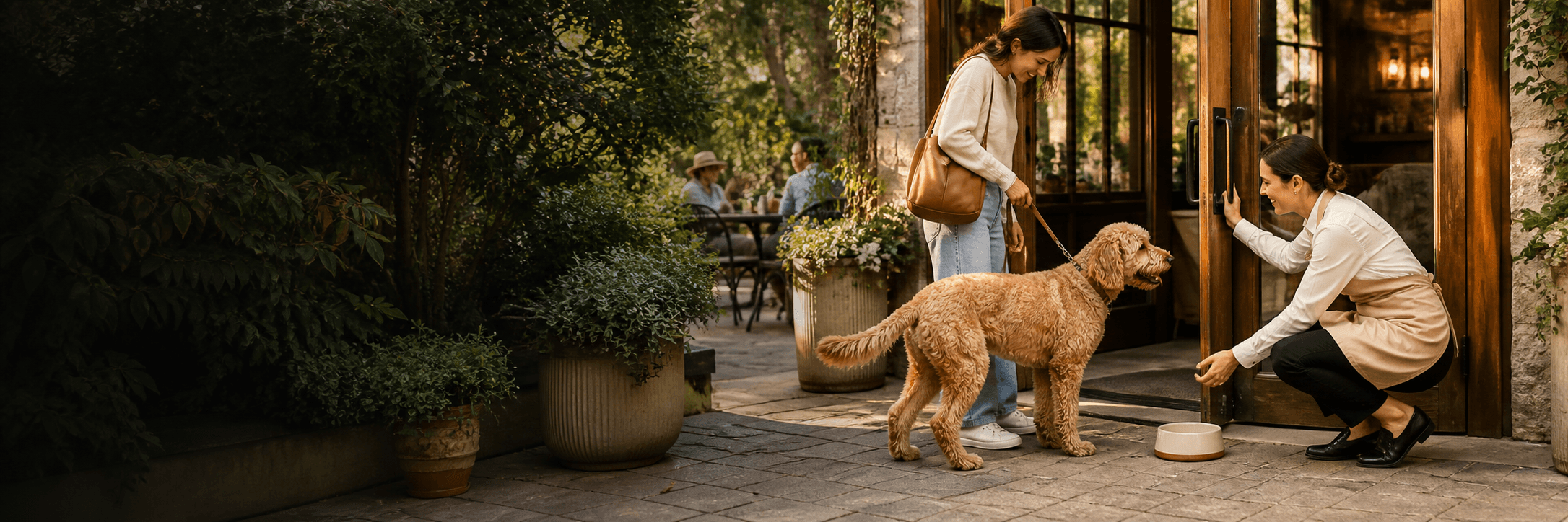 Venue host opening the door and welcoming a Golden Doodle and pet parent with a water bowl